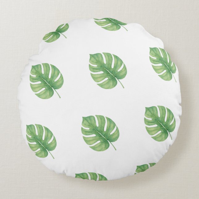 Monstera blad groen ontwerp.  rond kussen (Voorkant)