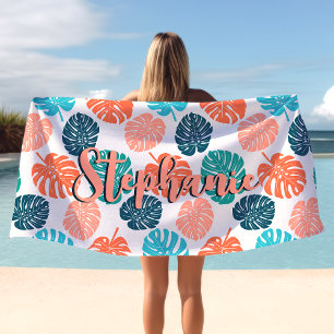 Monstera Blad Kleurig Navy En Koraal Schrift Naam Strandlaken