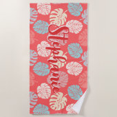 Monstera Blad Kleurrijk Koraal Tropische Script Na Strandlaken (Voorkant)