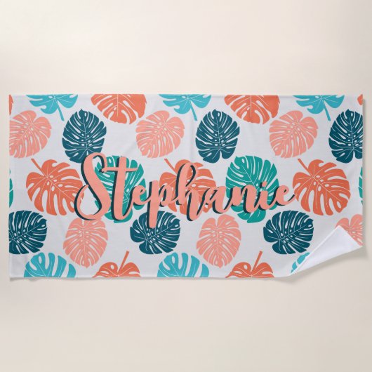 Monstera Blad Kleurrijk Navy en Koraal Schrift Naa Strandlaken (Voorkant)