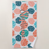 Monstera Blad Kleurrijk Navy en Koraal Schrift Naa Strandlaken (Voorkant)