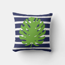 Monstera-blad Navyblauw en Witte Streep Kuststijl Kussen