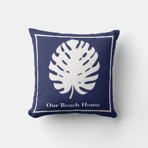 Monstera-blad Navyblauw Wit Kust Personaliseer Kussen