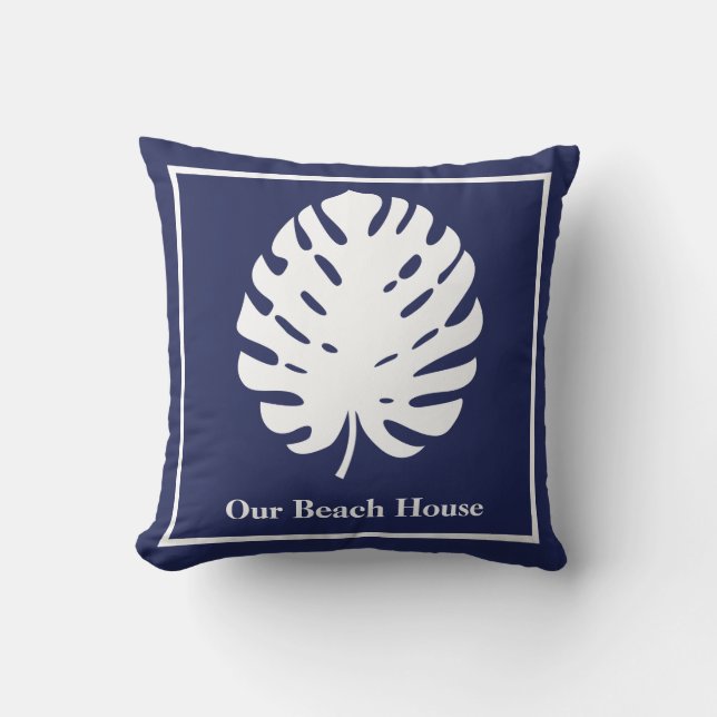 Monstera-blad Navyblauw Wit Kust Personaliseer Kussen (Voorkant)