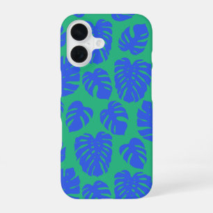 Monstera blad plant botanisch in blauw en groen iPhone 16 hoesje
