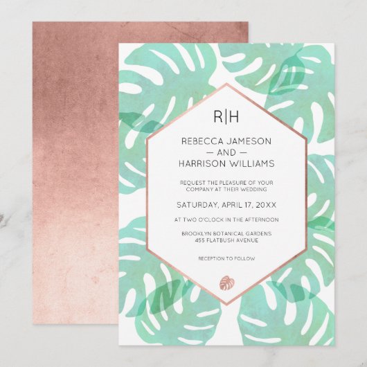 Monstera Blad & Roos Goud Kaart (Voorkant / Achterkant)