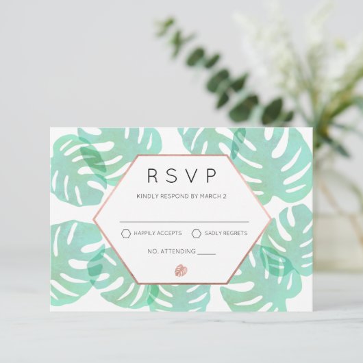 Monstera Blad & Roos Goud RSVP Kaartje (Staand voorkant)