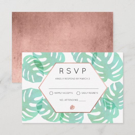 Monstera Blad & Roos Goud RSVP Kaartje (Voorkant / Achterkant)