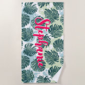 Monstera-blad Tropische Palm Boomroze Script Naam Strandlaken (Voorkant)
