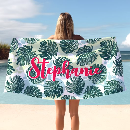 Monstera-blad Tropische Palm Boomroze Script Naam Strandlaken