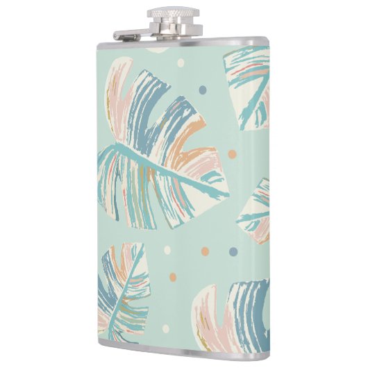 Monstera blad - Turquoise, Groen, Koraal, Mosterd Heupfles (Links)