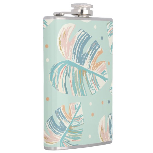 Monstera blad - Turquoise, Groen, Koraal, Mosterd Heupfles (Rechts)