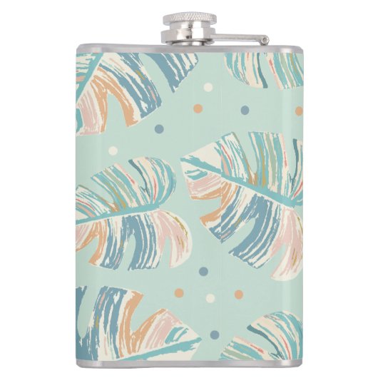 Monstera blad - Turquoise, Groen, Koraal, Mosterd Heupfles (Achterkant)