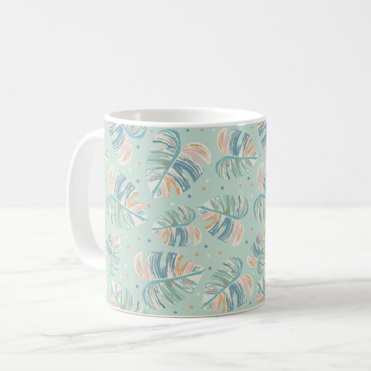 Monstera-blad - Turquoise, Groen, Koraal, Mosterd Koffiemok (Voorkant links)