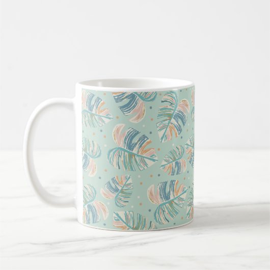 Monstera-blad - Turquoise, Groen, Koraal, Mosterd Koffiemok (Links)