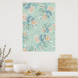 Monstera-blad - Turquoise, Groen, Koraal, Mosterd Poster