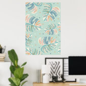 Monstera-blad - Turquoise, Groen, Koraal, Mosterd Poster (Thuiskantoor)