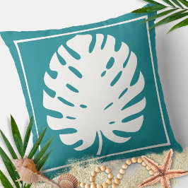 Monstera Blad Turquoise Wit Coast Modern Kussen