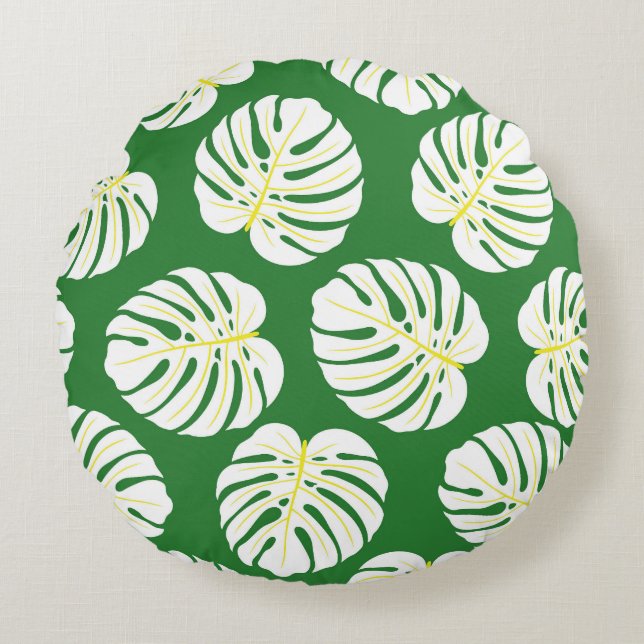 Monstera bladeren, donkergroen . rond kussen (Voorkant)