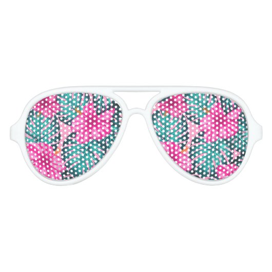 Monstera bladeren en Hibiscus Blauwgroen en Roze o Aviator Zonnebril (Voorkant)