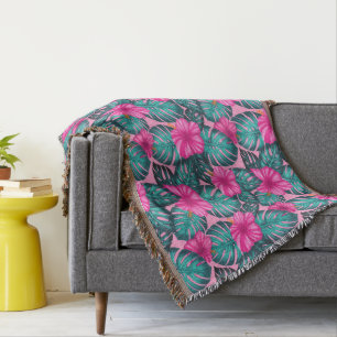Monstera bladeren en Hibiscus Blauwgroen en Roze o Deken