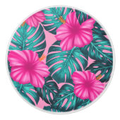 Monstera bladeren en Hibiscus Blauwgroen en Roze o Keramische Knop (Voorkant)