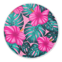Monstera bladeren en Hibiscus Blauwgroen en Roze o