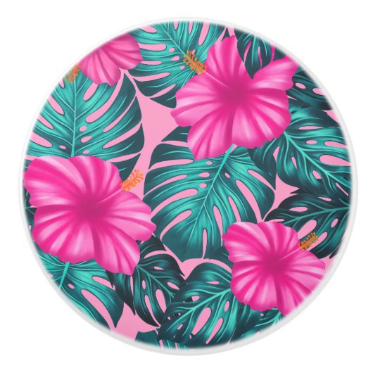 Monstera bladeren en Hibiscus Blauwgroen en Roze o Keramische Knop (Voorkant)