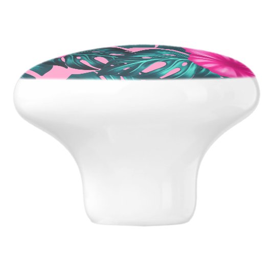 Monstera bladeren en Hibiscus Blauwgroen en Roze o Keramische Knop (Zijkant)