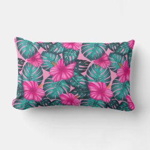 Monstera bladeren en Hibiscus Blauwgroen en Roze o Kussen
