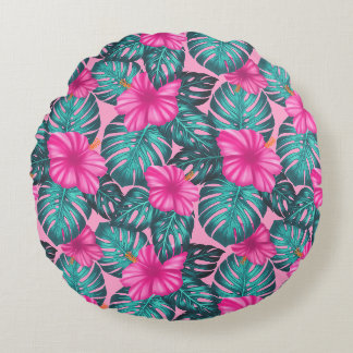 Monstera bladeren en Hibiscus Blauwgroen en Roze o Rond Kussen
