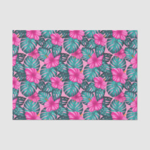 Monstera bladeren en Hibiscus Blauwgroen en Roze o Tissuepapier