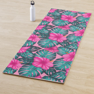 Monstera bladeren en Hibiscus Blauwgroen en Roze o Yogamat