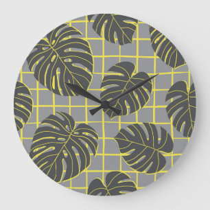Monstera bladeren: geel-grijs modern Abstract Grote Klok
