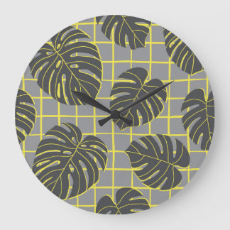 Monstera bladeren: geel-grijs modern Abstract Grote Klok