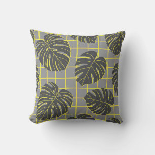 Monstera bladeren: geel-grijs modern Abstract Kussen