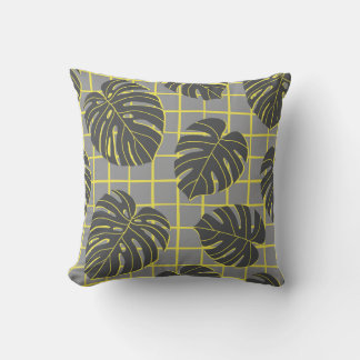 Monstera bladeren: geel-grijs modern Abstract Kussen