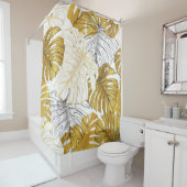 Monstera bladeren: goudwit douchegordijn (In situ)
