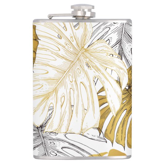 Monstera bladeren: goudwit heupfles (Voorkant)