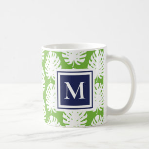 Monstera Bladeren Groen Marineblauw Modern Monogra Koffiemok