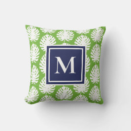 Monstera Bladeren Groen Navy Modern Monogram Kust Kussen