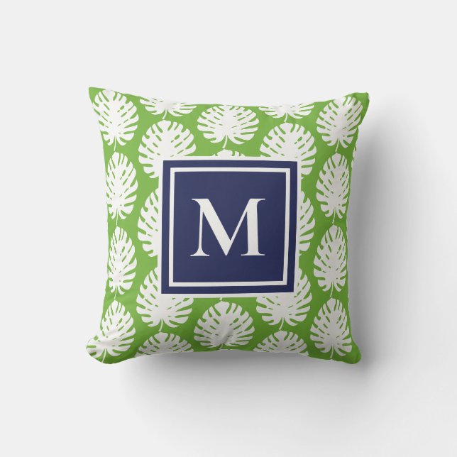 Monstera Bladeren Groen Navy Modern Monogram Kust Kussen (Voorkant)