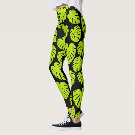 Monstera-bladeren in Lime Green en zwart Leggings (Links)