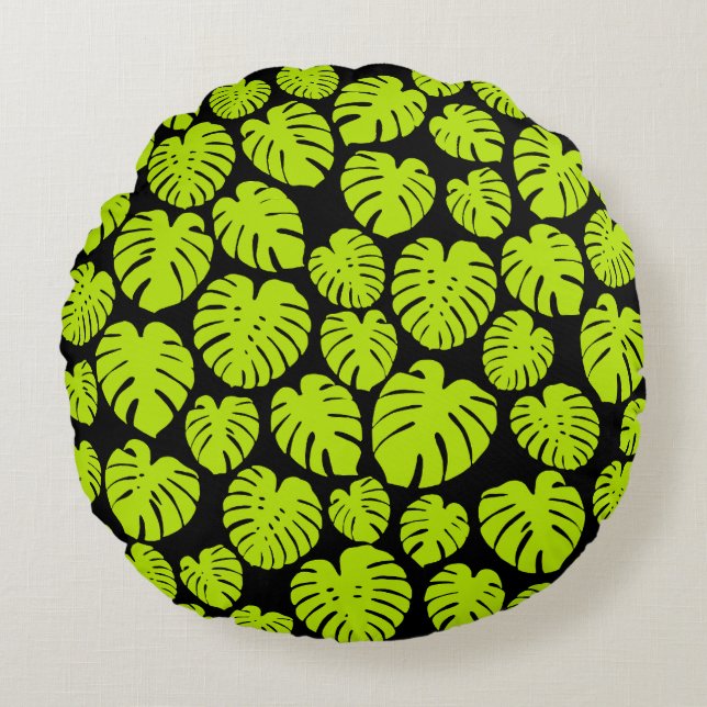 Monstera-bladeren in Lime Green en zwart Rond Kussen (Voorkant)