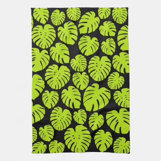 Monstera-bladeren in Lime Green en zwart Theedoek (Verticaal)