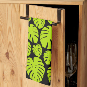 Monstera-bladeren in Lime Green en zwart Theedoek