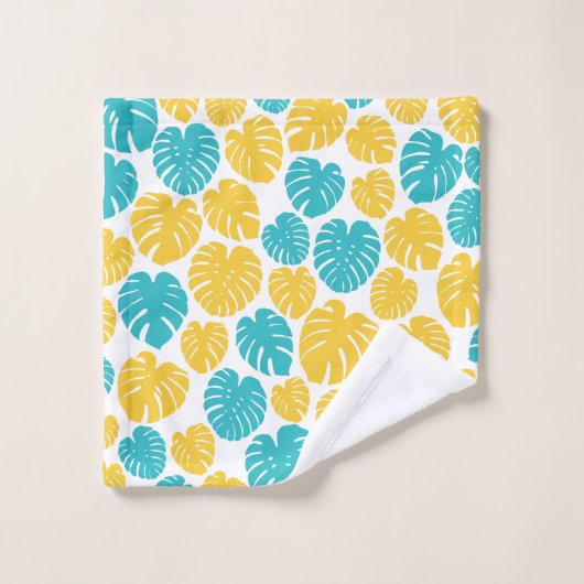 Monstera bladeren in turkoois, geel en wit bad handdoek (Wasdoekje)