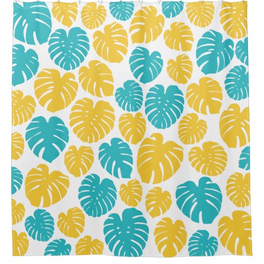 Monstera bladeren in turkoois, geel en wit douchegordijn (Voorkant)