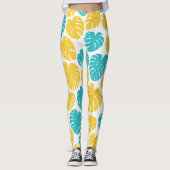 Monstera bladeren in turkoois, geel en wit leggings (Voorkant)