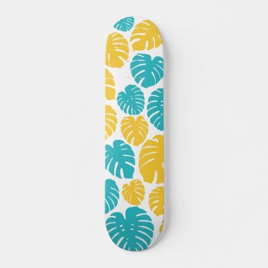 Monstera bladeren in turkoois, geel en wit persoonlijk skateboard (Voorkant)